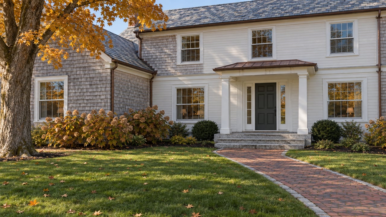 Sunlit cedar-and-clapboard home with granite entry steps, a brick garden walk and an amber maple above a deep lawn.