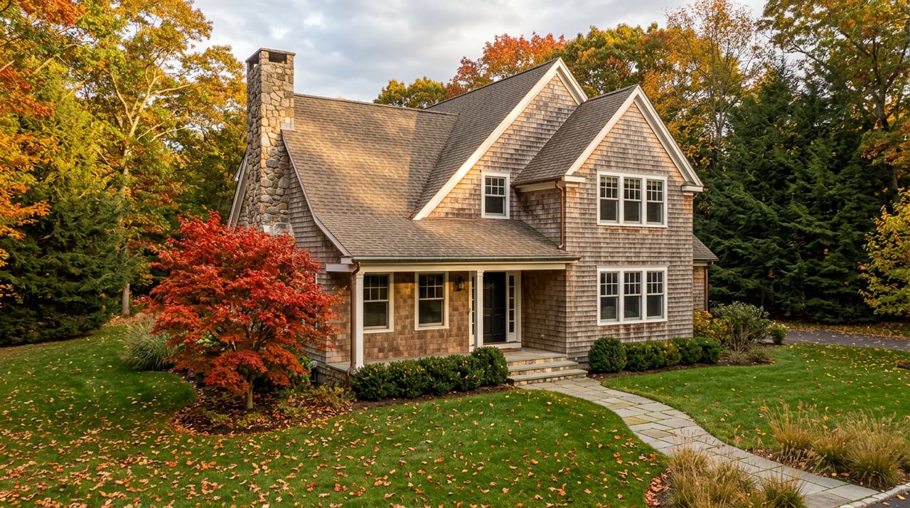 Two-story cedar-shingle home with a stone chimney, curving walkway, and orange-red autumn maple.