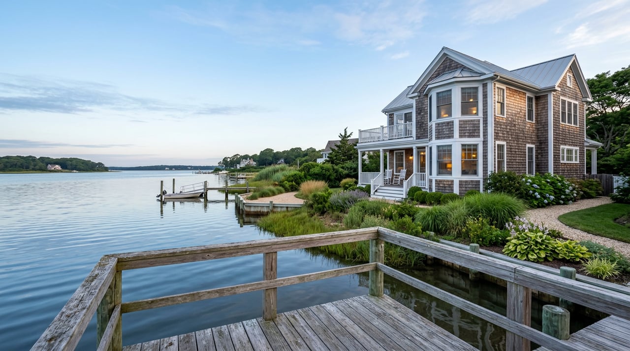 Two-story coastal home with white clapboard siding, roof ridge, lawn, patio, and dock beside the bay.