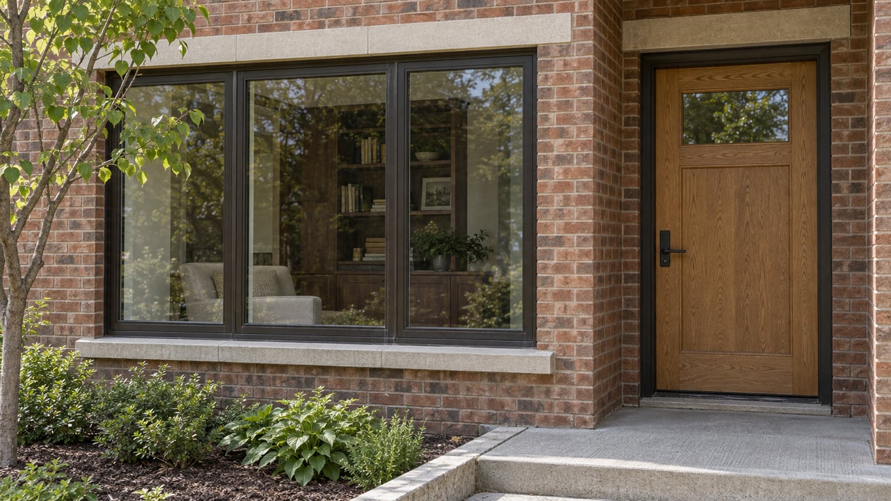 Warm brick residential frontage with a bronze-framed living-room window, recessed oak entry door and limestone detailing.