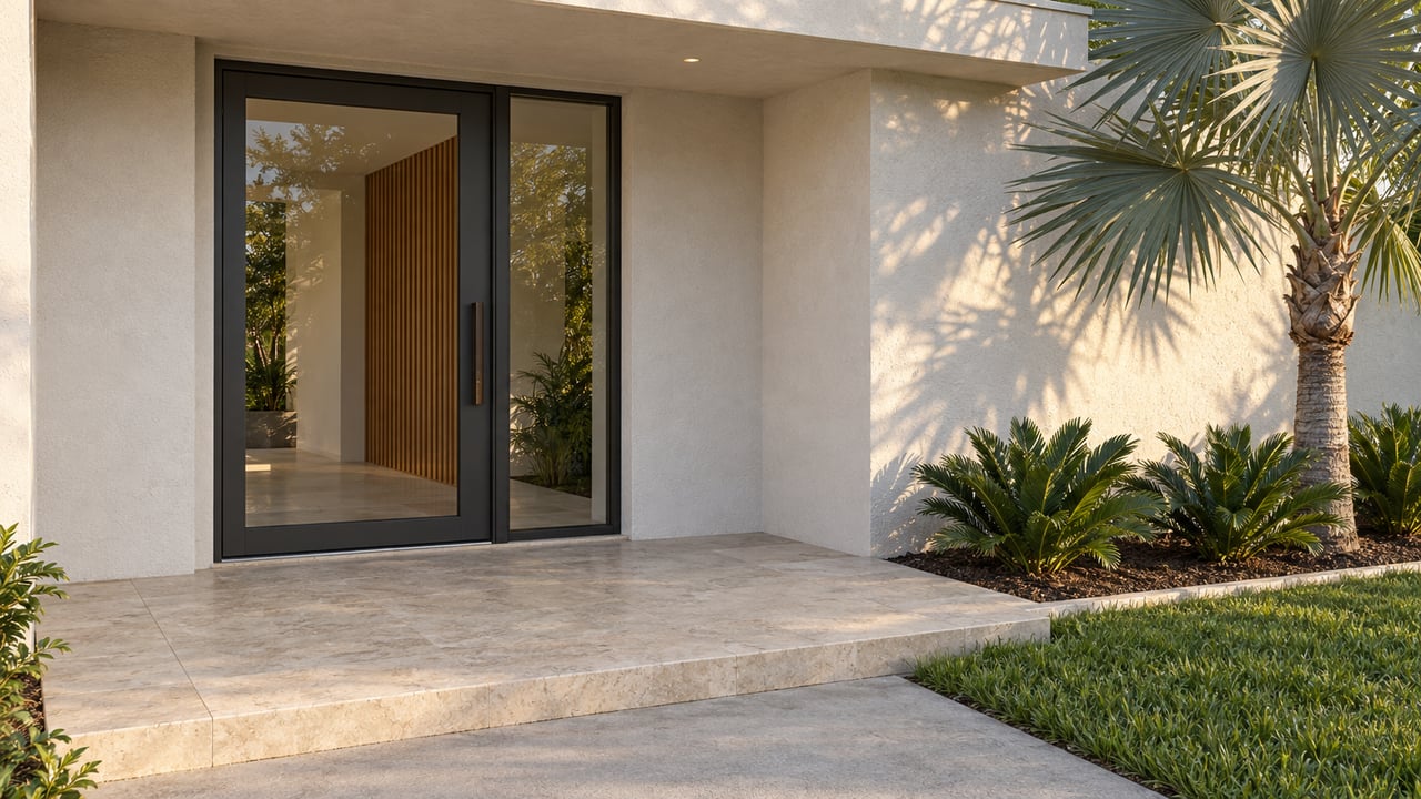 Covered contemporary home entrance with off-white stucco, charcoal-framed glass, pale limestone steps and a silver-leaved palm beside the lawn.