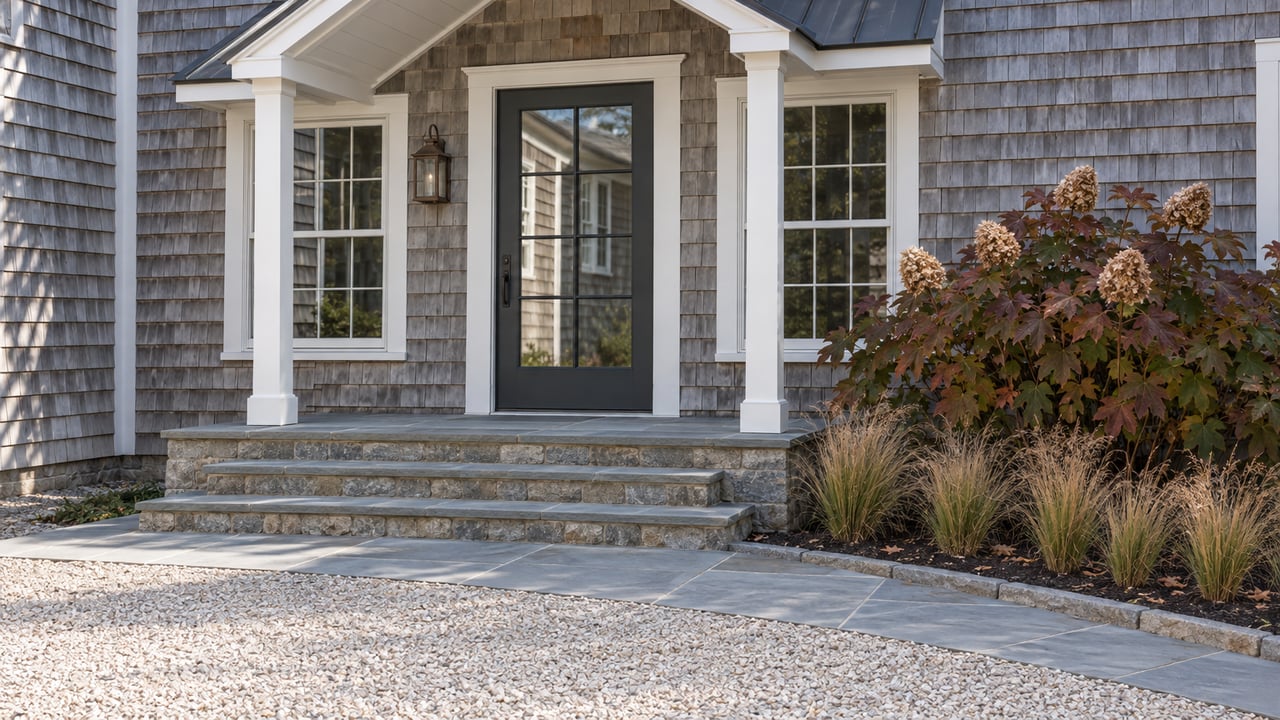 Weathered cedar home with a white-trimmed glazed entry, bluestone steps and bronze-red oakleaf hydrangea beside a pale gravel approach.