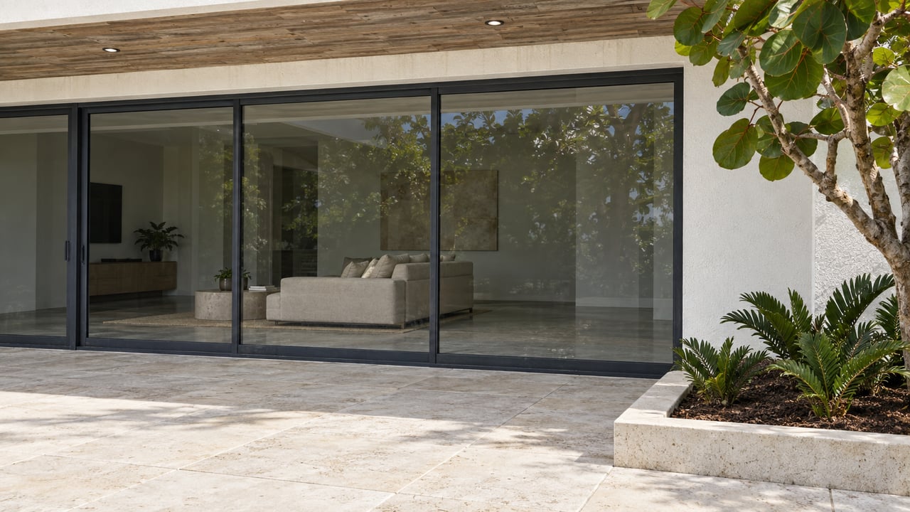 White stucco waterfront home terrace with wood soffit, dark-framed sliding glass, limestone paving and a raised sea grape planting bed.