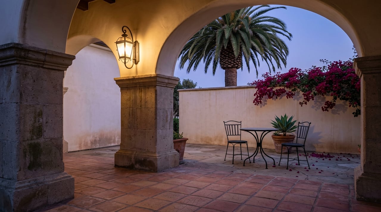 Wrought-iron lantern lights an empty bistro table beneath a loggia arch, with bougainvillea spilling over the courtyard wall.