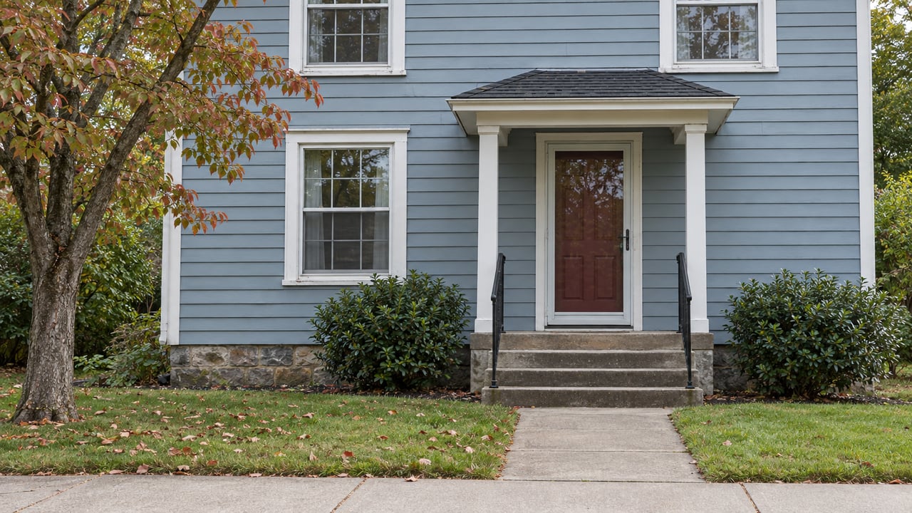 Pale blue clapboard house with a red front door, concrete steps, black handrails, and a dogwood tree.