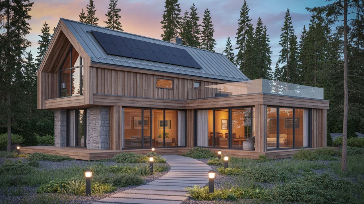 Modern wood-and-stone house with rooftop solar panels, broad glass doors, and a curved path through a forest.
