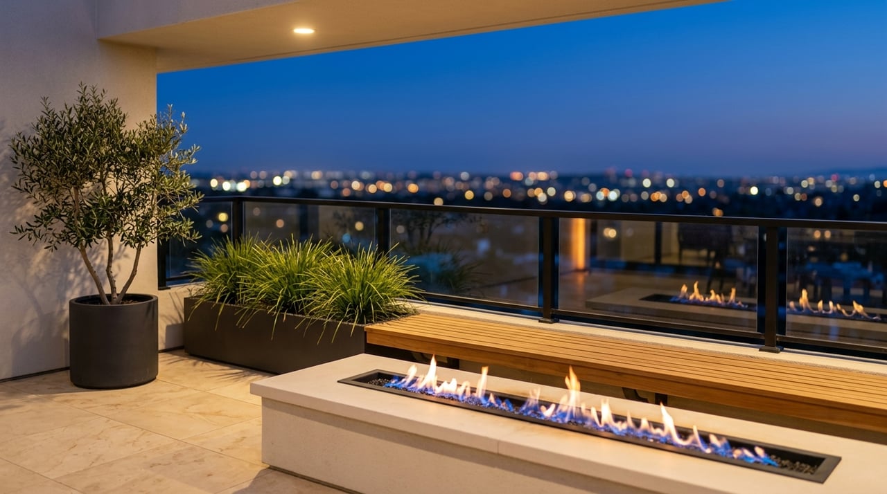 Linear blackened-steel fire trough beside a teak bench on a limestone terrace, with glass railing and blurred lights.