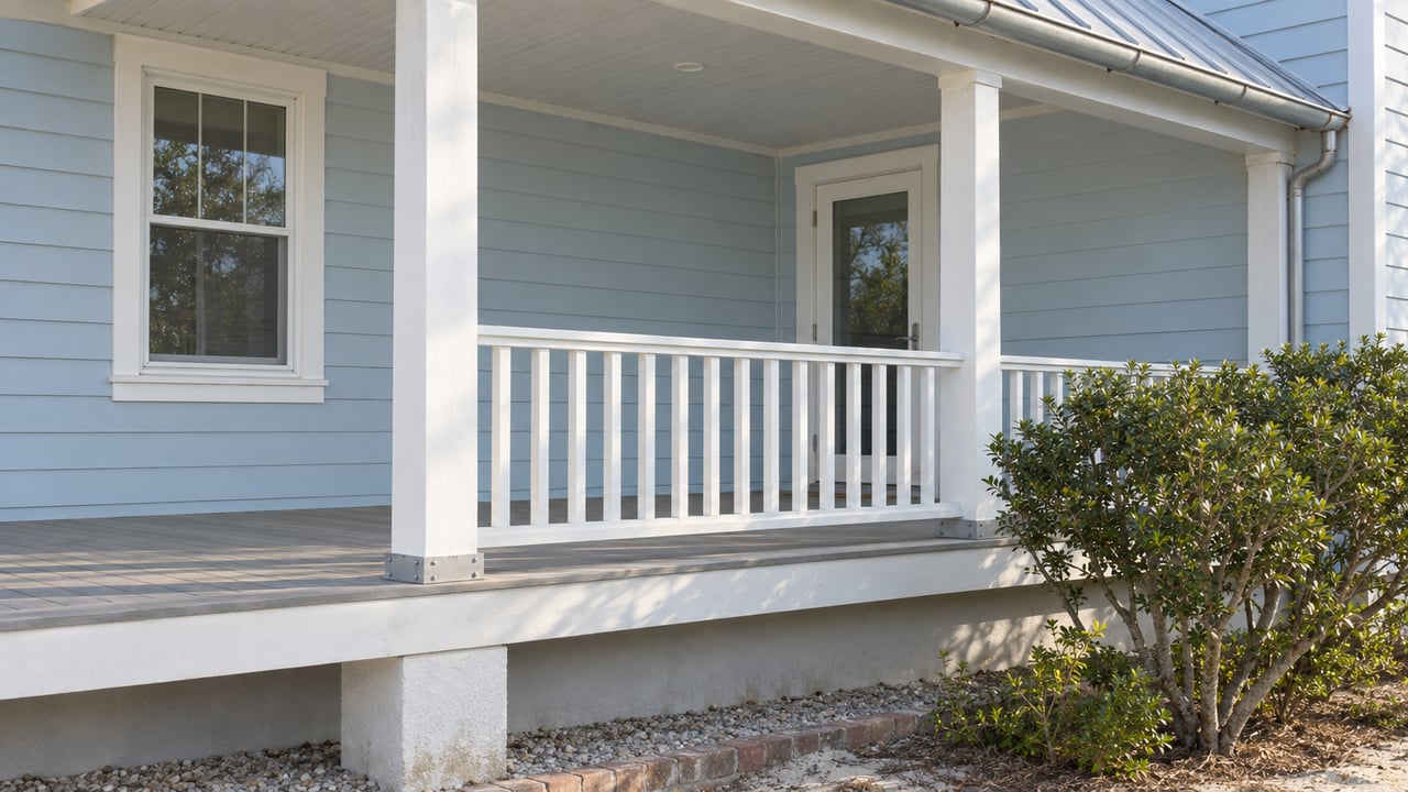 Morning light on a raised pale-blue home's white porch railing, closed window and door, with a sculptural yaupon holly beside the foundation.
