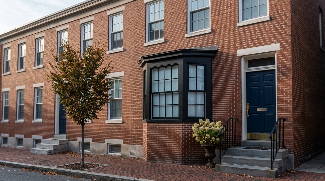 Red-brown brick rowhouse with a projecting bay window, navy door, stone stoop, and bronze-edged tree leaves.