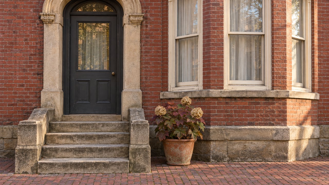 Sunlit red-brick home with an arched charcoal door, worn sandstone steps, ivory-painted bay windows, and a potted oakleaf hydrangea.
