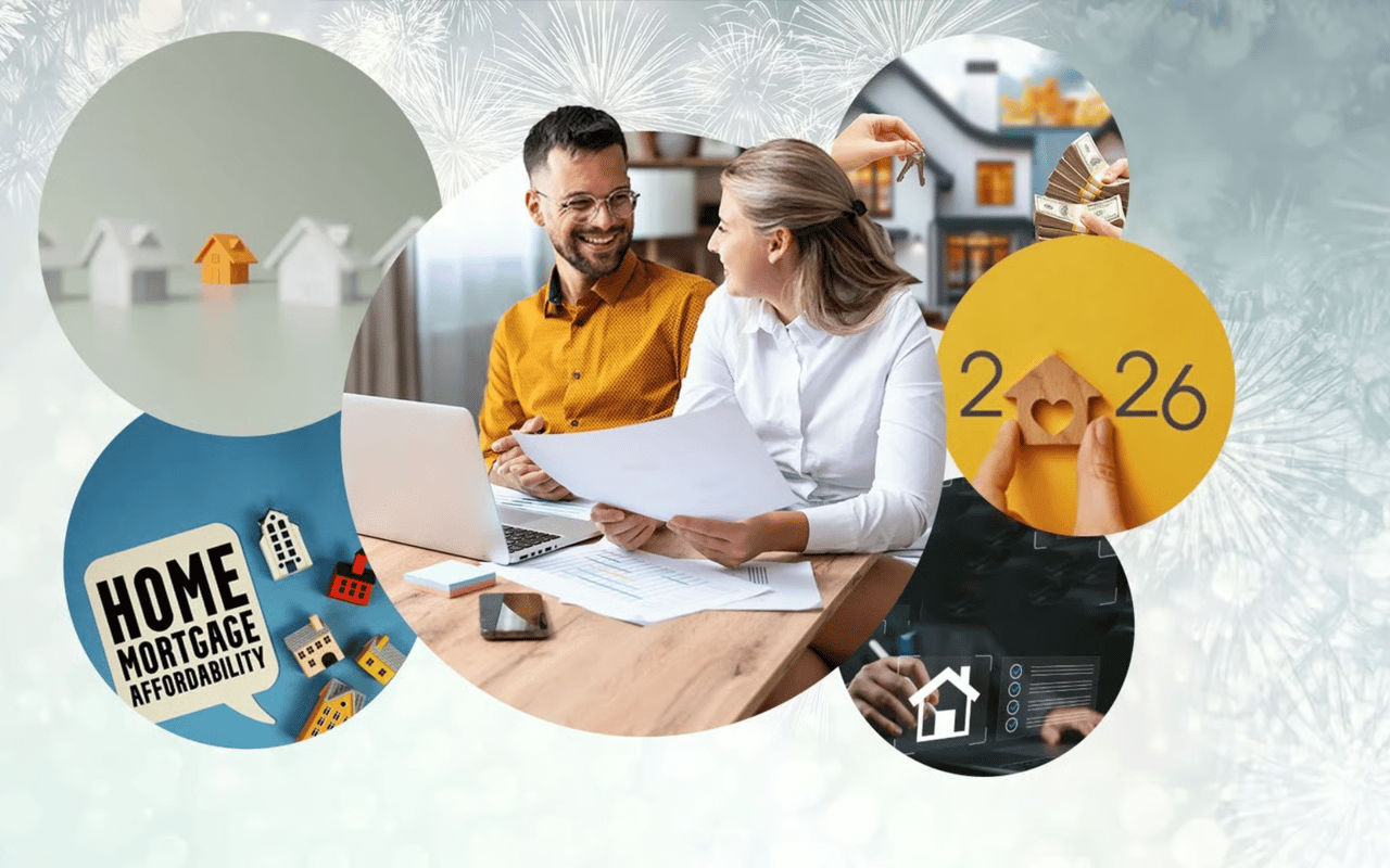 A couple reviews home-selling paperwork amid housing market imagery, including a 2026 house motif and mortgage affordability text.
