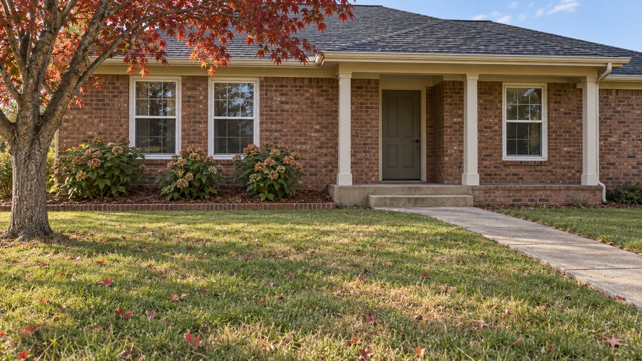 A single-story brick home behind a deep lawn, with a concrete entry walk and autumn foliage.