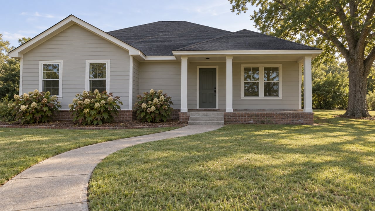 Light-gray gabled house with a covered porch, broad front lawn, curved concrete walkway, and mature white oak.