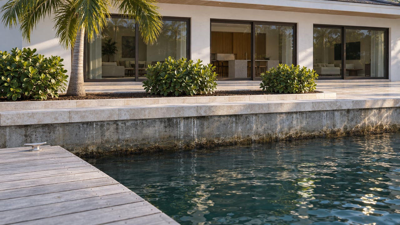 White-stucco waterfront residence with dark glass doors behind a limestone-capped seawall and rippling canal.