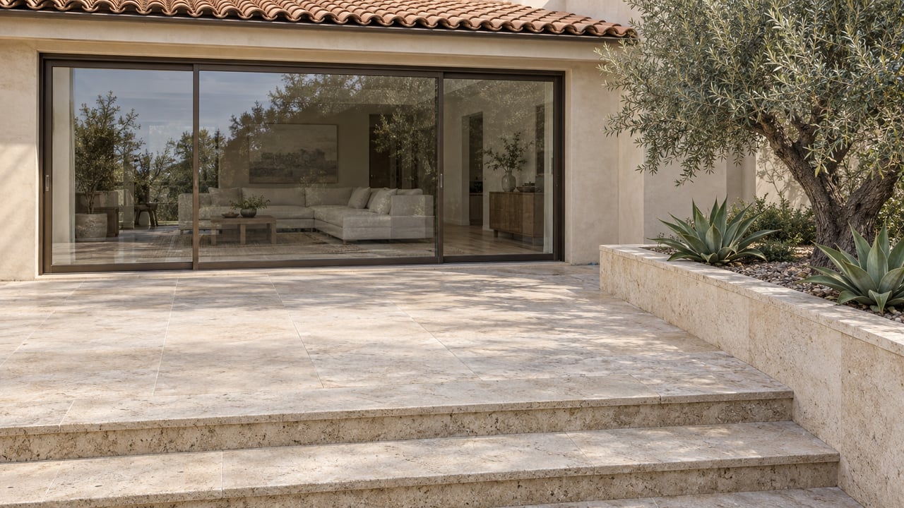 Limestone terrace steps beside a sand-colored stucco home with bronze-framed glass doors and an olive tree in a stone planter.