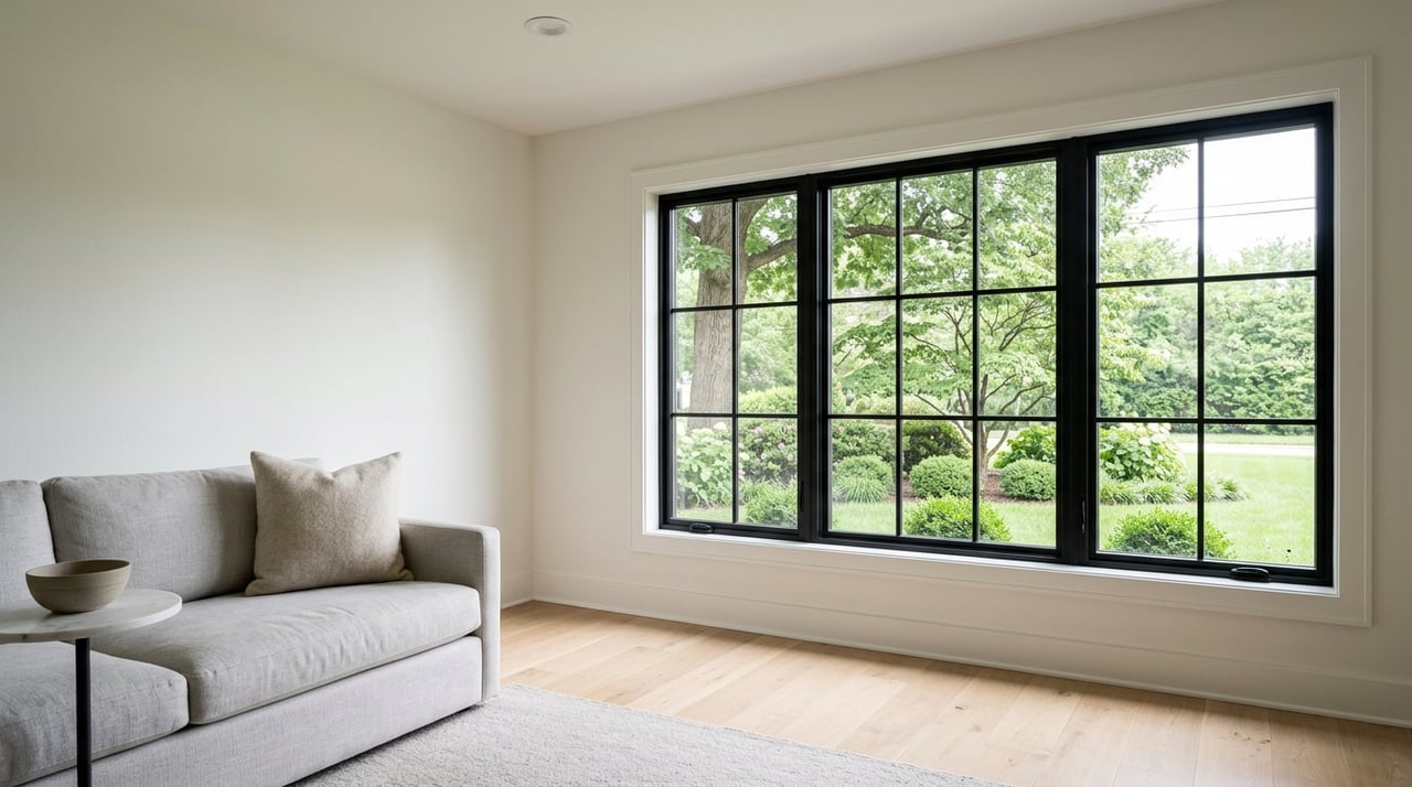 Living room window overlooking a mature, leafy yard under an overcast sky.