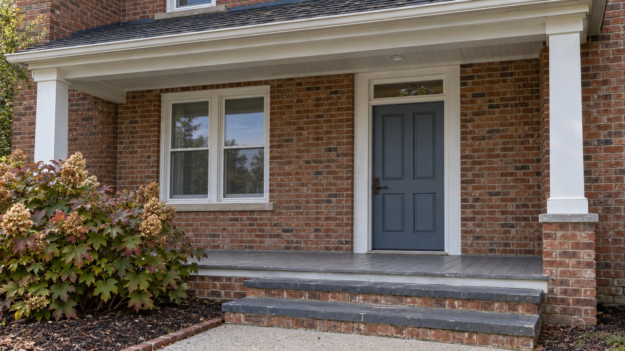Brick house entry with a blue-gray door, white porch posts, slate-capped steps and an oakleaf hydrangea.
