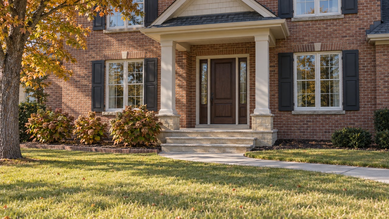 Brick home with a columned porch, limestone steps, curved concrete walk and broad autumn lawn beneath an amber maple.