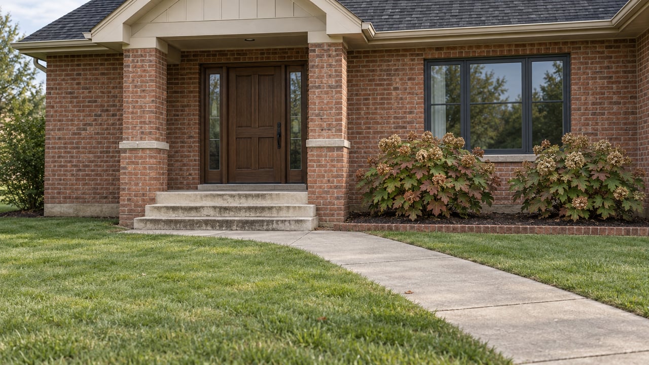 Brick home with a gabled front porch, limestone steps and a concrete approach crossing a generous autumn lawn.