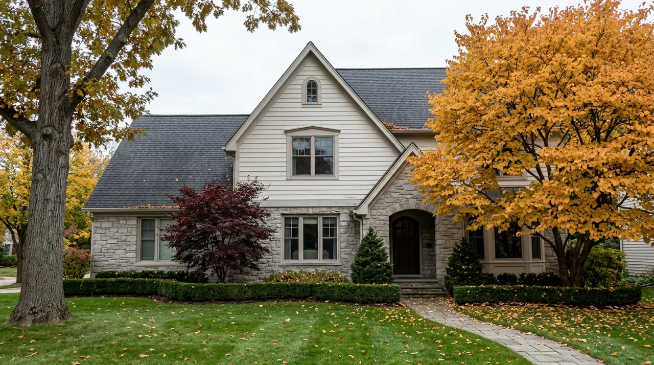 Stone-and-siding home with arched entry, broad lawn, paver walk, and golden and burgundy fall trees.