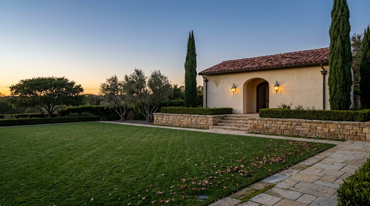Stone pavilion with arched doorway and glowing iron lanterns above a terraced lawn at dusk.