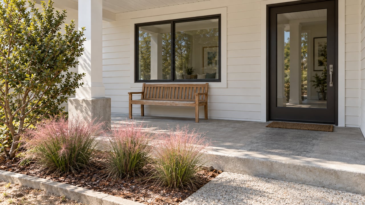Sunlit coastal-style home entry with white siding, a teak bench, concrete steps and pink muhly grass beside a yaupon holly.