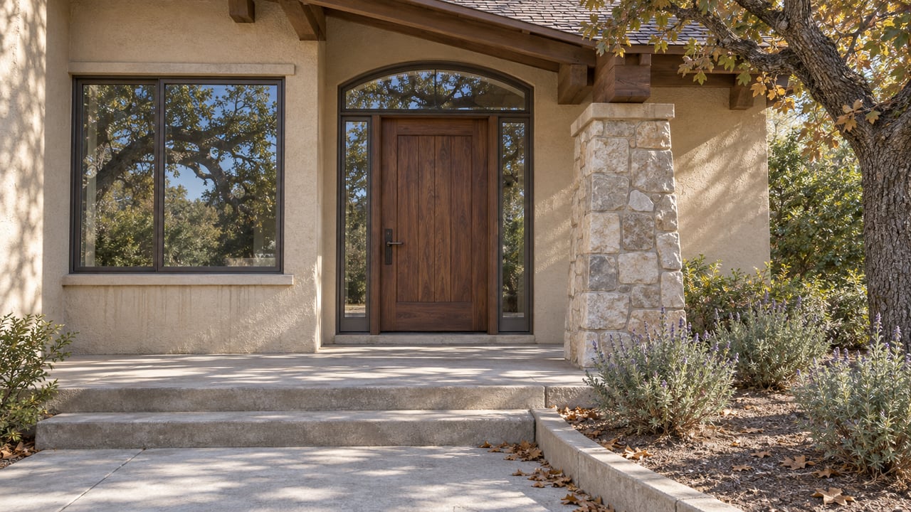 Wood entry door with an arched transom, pale stucco and stone porch beneath an oak turning ochre.