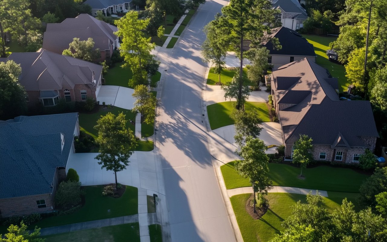 Aerial view of a tree-lined Concord residential street with brick homes and broad green lawns.