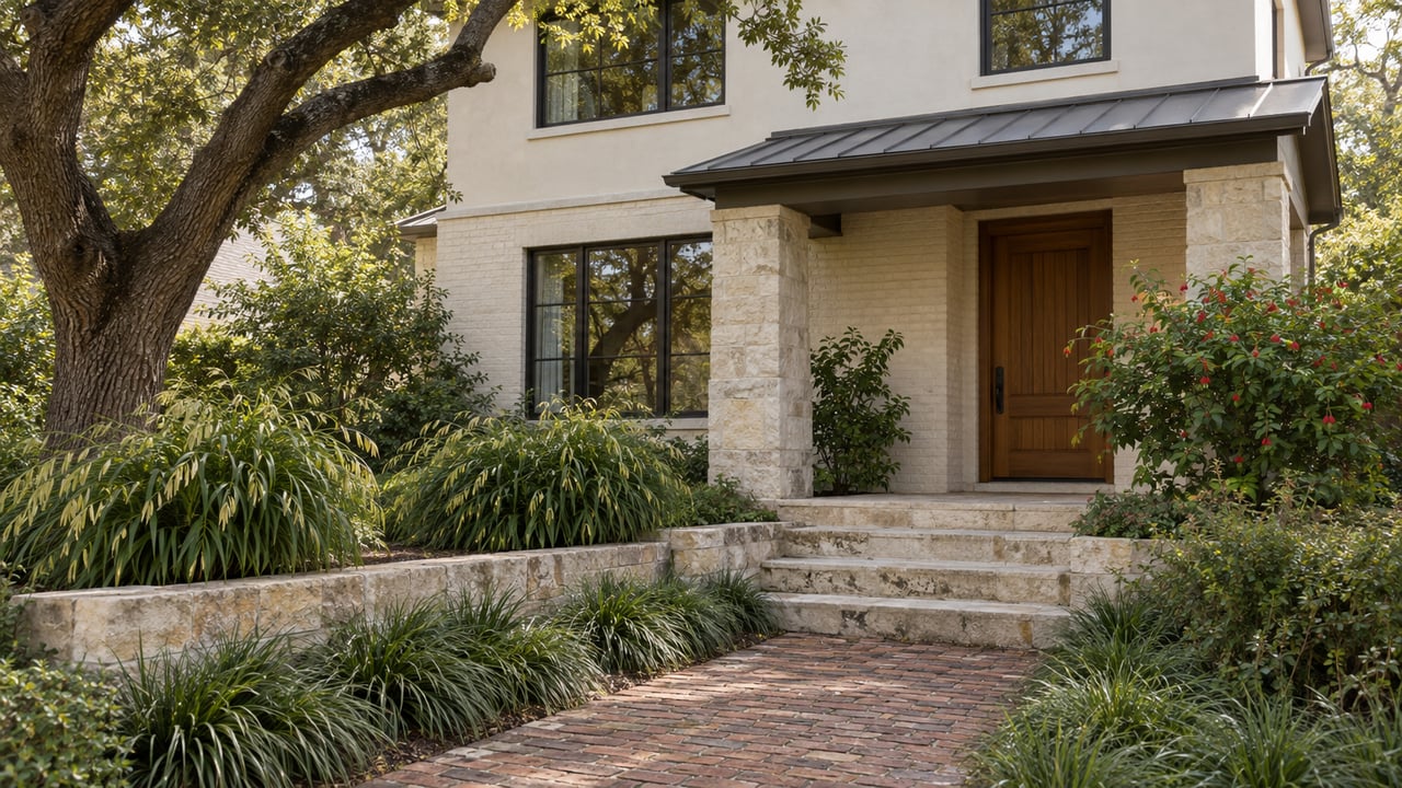 Renovated two-story cream brick house with limestone steps, an oak entry door, and a mature tree beside the planted walk.