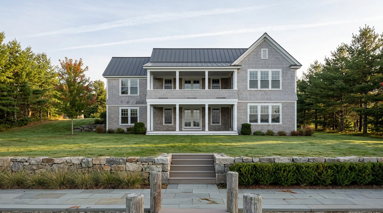 Silver-gray shingle lake house above a sloping lawn, granite retaining wall, bluestone patio, and tree-lined water