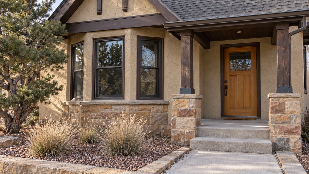 Winter light falls across a compact stucco home's timber porch, sandstone piers, and dark-trimmed bay windows.