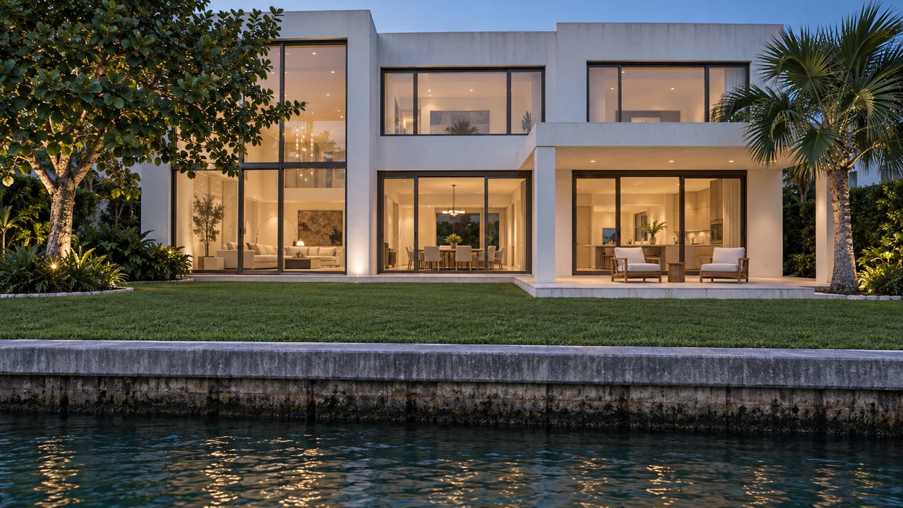 White contemporary waterfront home at blue hour, with warm glazed rooms, a deep lawn, limestone terrace and concrete seawall above calm water.