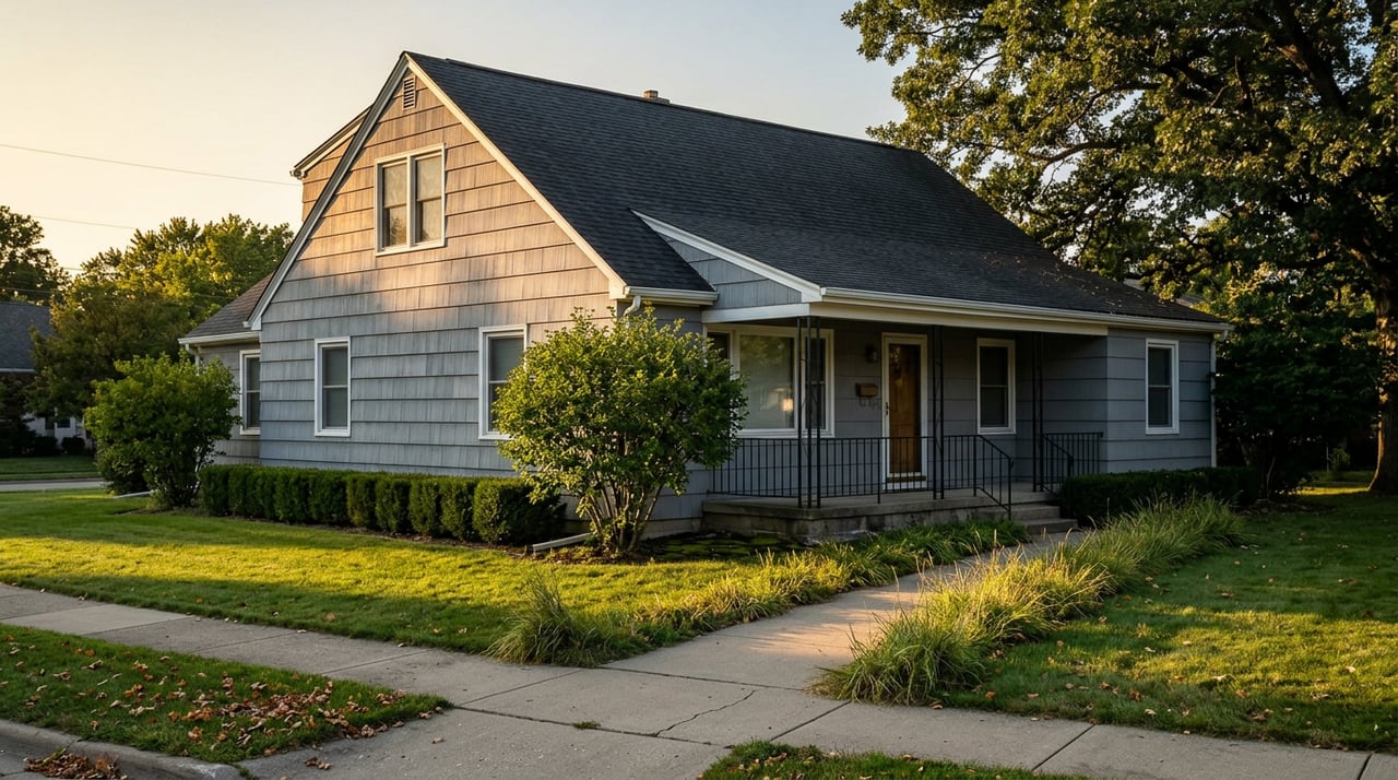 Two-story gray shiplap house with a covered porch, deep lawn, and a sunlit walkway beneath an oak canopy.