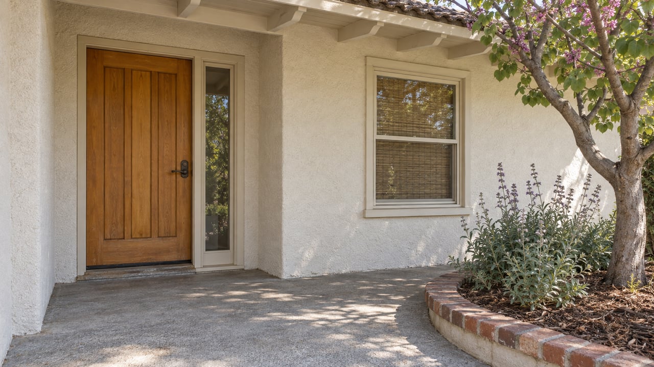 Covered front entry with a timber door, off-white stucco, brick-edged planting bed, and soft morning light.