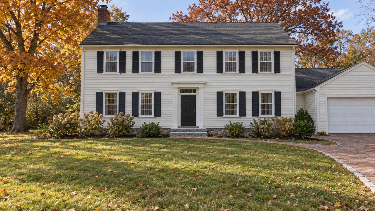 Ivory clapboard house with black shutters, a granite entry and attached garage beyond a broad autumn lawn.