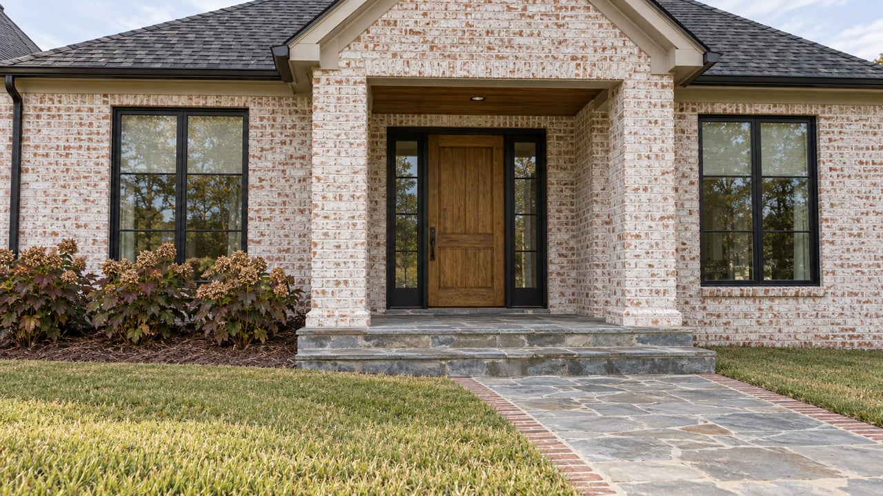 Limewashed brick home with a gabled entry, oak door, stone approach and oakleaf hydrangeas beside a broad lawn.