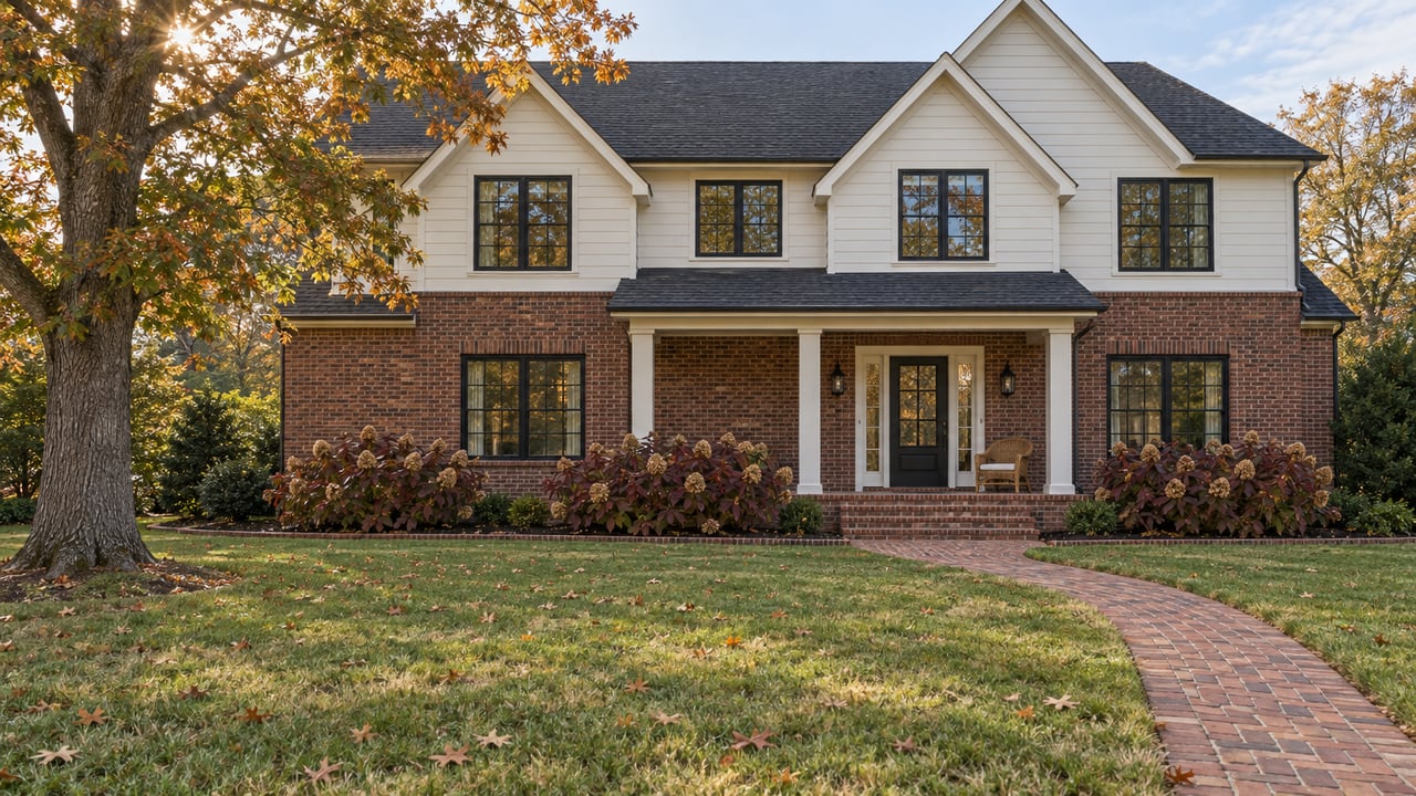 A brick and ivory-sided gabled home behind a deep autumn lawn, with a curved brick walk and a mature oak.