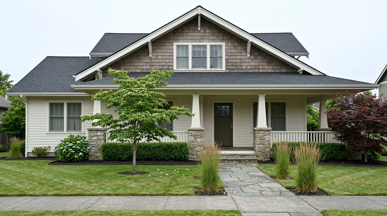 Two-story Craftsman house with a covered porch, stone piers, and a flagstone walkway across a broad lawn.