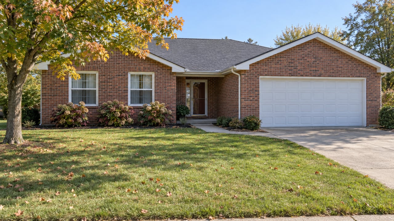 A modest red-brown brick home with a white garage, deep autumn lawn, and a mature maple in clear daylight.