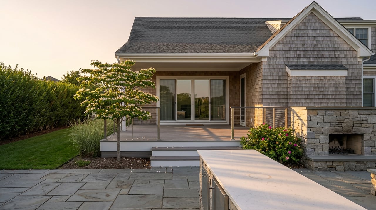 Raised stone terrace with a built-in fieldstone fire feature, outdoor kitchen counter, and covered porch behind it.