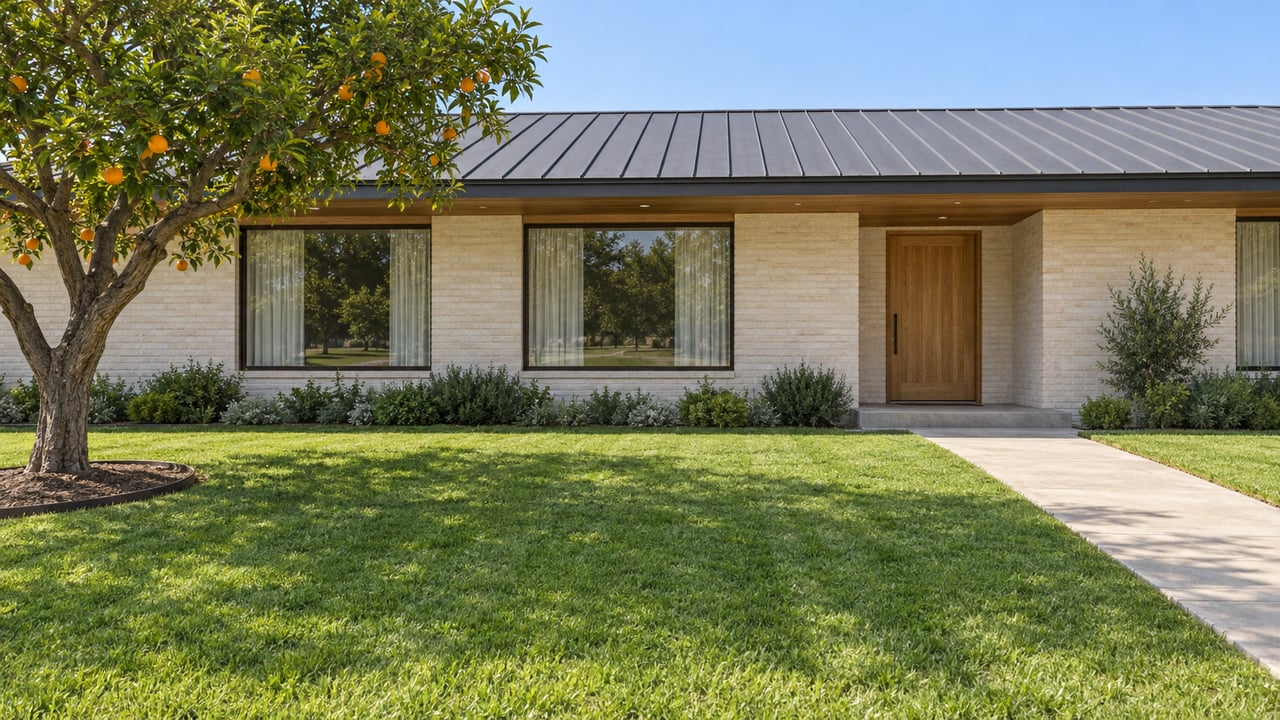 A low ivory-brick ranch with bronze-framed windows and a recessed oak entry sits beyond a broad green lawn and a mature orange tree.