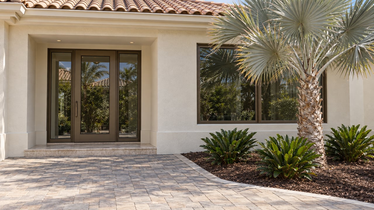 Cream stucco home entry with bronze-framed glass doors, pale barrel tiles, sand-colored pavers and a silver thatch palm.