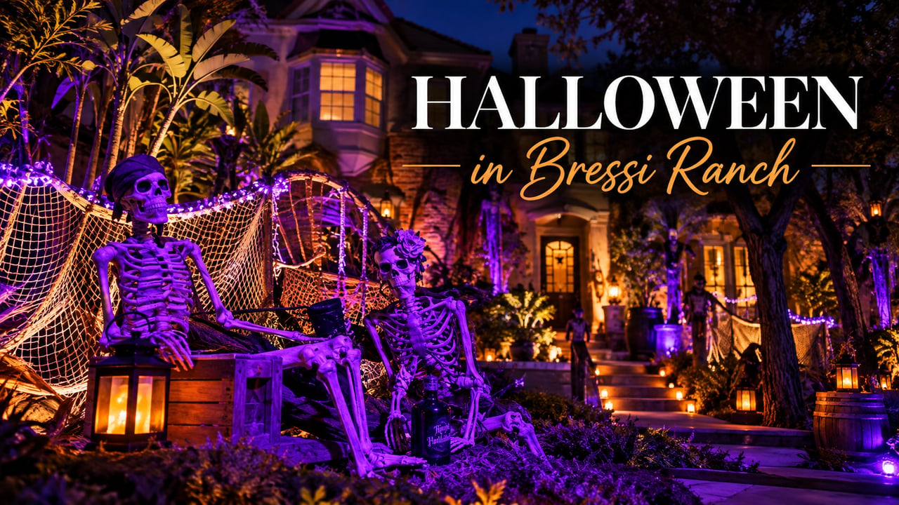 Halloween in Bressi Ranch graphic over a purple-lit home decorated with skeletons and cobwebs.