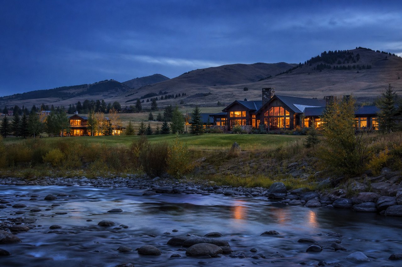 Luxury home glowing beside a rocky river at dusk, with wooded hills in the background.
