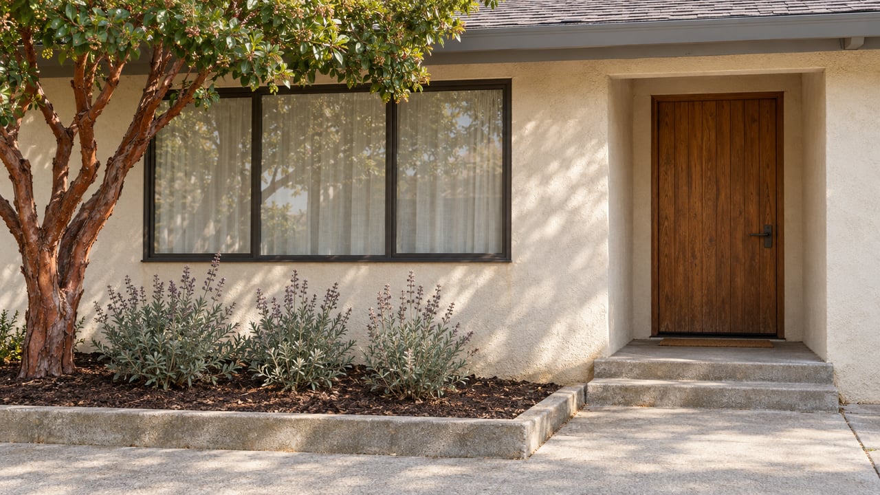 An ivory stucco home's cedar entry door and bronze-framed window beside a concrete approach and sculptural strawberry tree.