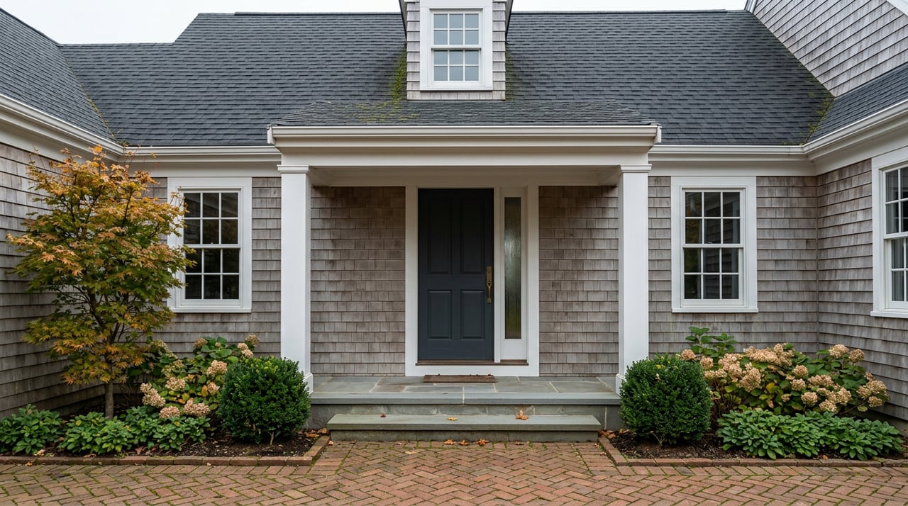 Shingle-style home entry with a charcoal door, white columns, brick walkway, bluestone steps, and clipped shrubs.