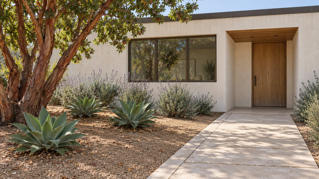 A pale stucco home with bronze-framed glazing and an oak entry, approached by a limestone path beside an arbutus tree, agaves, and flowering sage.