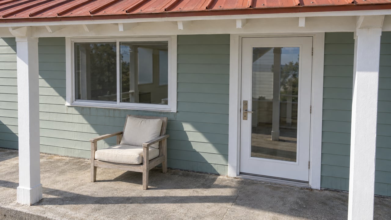 Covered porch with pale sea-green siding, white-framed glazed entry, red-orange metal roof and a sun-weathered wood chair.