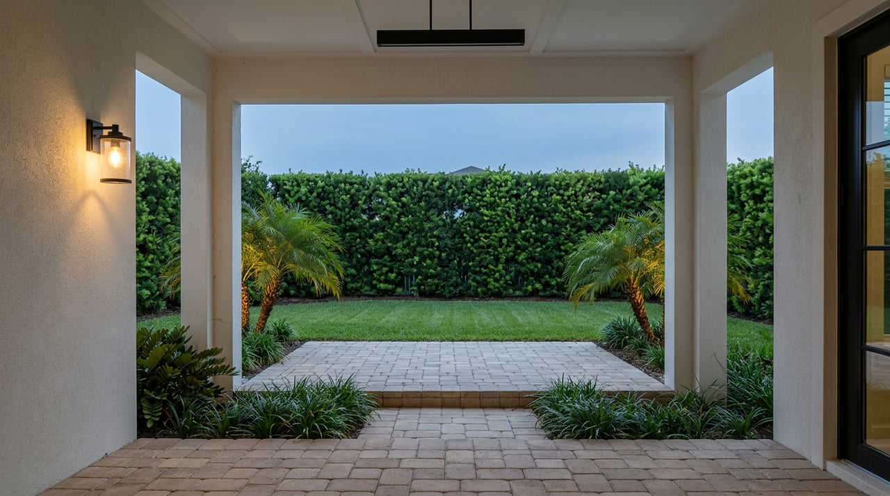 Stucco loggia opens onto a clipped hedge, with a warm wall sconce glowing at dusk.