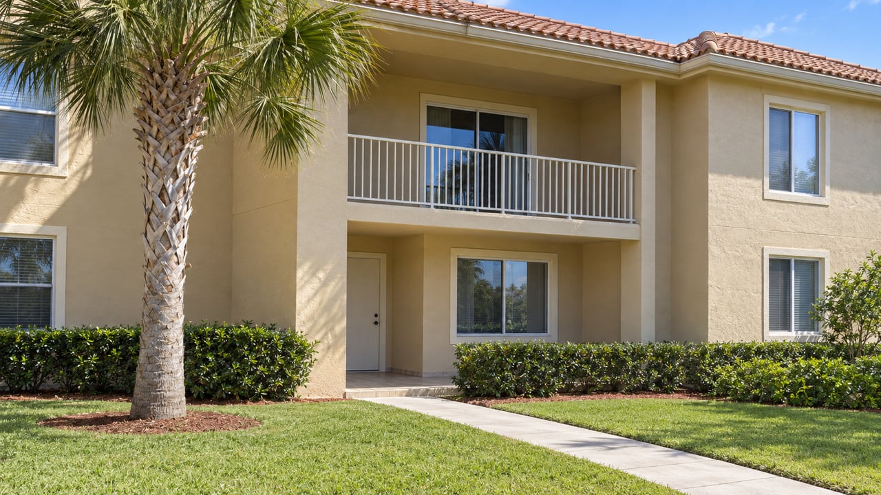 Two-story sand-beige condominium with a covered balcony, terracotta roof, palm tree, and concrete walk.